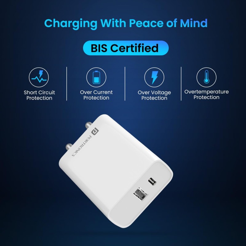 Portronics Adapto 70 33W Fast Charger Adapter with Dual Output (USB + Type C) Supports PPS Charging Via Type C Port, 27W Dash, Warp 27W, Dart, Super Dart 27W(White) Portronics Adapto 70 33W Fast Charger Adapter with Dual Output (USB + Type C) Supports PPS Charging Via Type C Port, 27W Dash, Warp 27W, Dart, Super Dart 27W(White)