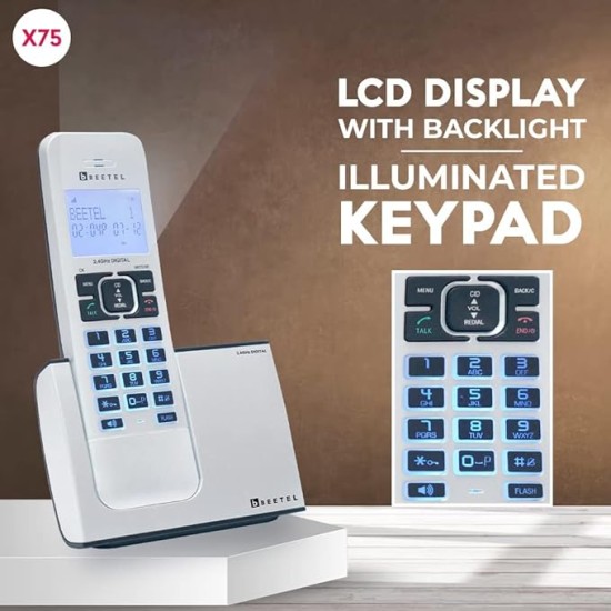 Beetel X75 2.4Ghzexpandable Cordless Landline Phone,Dual Mode DTMF/FSK,1 Line 7 Segment LCD Display & Blue LED Backlit,Illuminated Keypad,2 Way Speaker Phone,6 Step Ringer Volume Control (Silver)(X75)