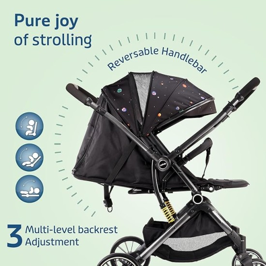 LuvLap Alpha Baby Stroller/Pram, One Fold, Travel Friendly, 5 Point Safety Harness, Reversible Handle bar, Multilevel Recline & Adjustable footrest, Extendable Canopy, for Babies 0-3 Years (Black)