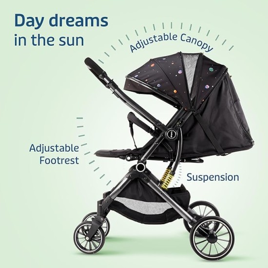 LuvLap Alpha Baby Stroller/Pram, One Fold, Travel Friendly, 5 Point Safety Harness, Reversible Handle bar, Multilevel Recline & Adjustable footrest, Extendable Canopy, for Babies 0-3 Years (Black)