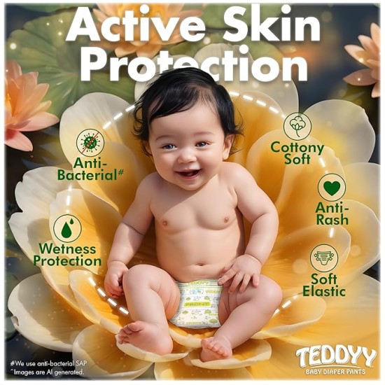 TEDDYY Baby Diapers Pants Easy Medium 56 Count (Pack of 4), 7-12 kgs, 12 hrs Leak Protection, Anti - Bacterial