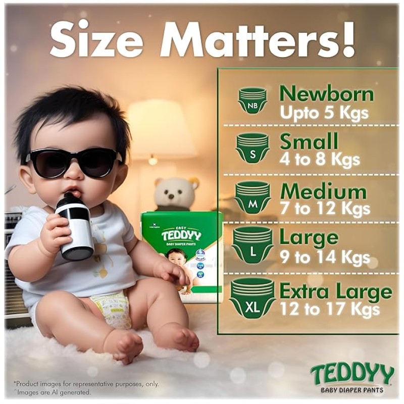 TEDDYY Baby Diapers Pants Easy Medium 56 Count (Pack of 4), 7-12 kgs, 12 hrs Leak Protection, Anti - Bacterial