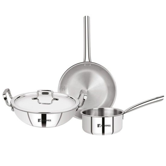 Bergner Tripro Triply Stainless Steel 4 Pc Cookware Set, 24 cm Indian Wok/Kadai with Lid, 22 cm Frypan, 16 cm Tea Pan, Even and Fast Heating, Induction Bottom, Gas Ready, Silver