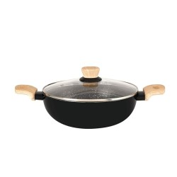 Bergner Bellini Plus Aura 5-Layer Non-Stick 22 cm Kadai with Glass Lid, 2.9 Litres Kadhai with Soft Touch Wooden Finish Handle, 3.2mm Thickness, Induction Bottom and Gas Stove Ready, 1-Year Warranty