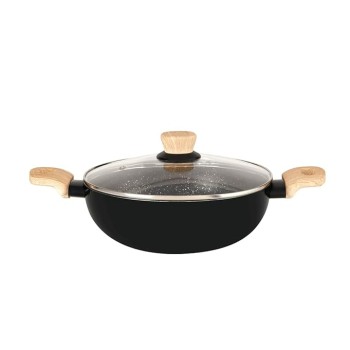 Bergner Bellini Plus Aura 5-Layer Non-Stick 22 cm Kadai with Glass Lid, 2.9 Litres Kadhai with Soft Touch Wooden Finish Handle, 3.2mm Thickness, Induction Bottom and Gas Stove Ready, 1-Year Warranty