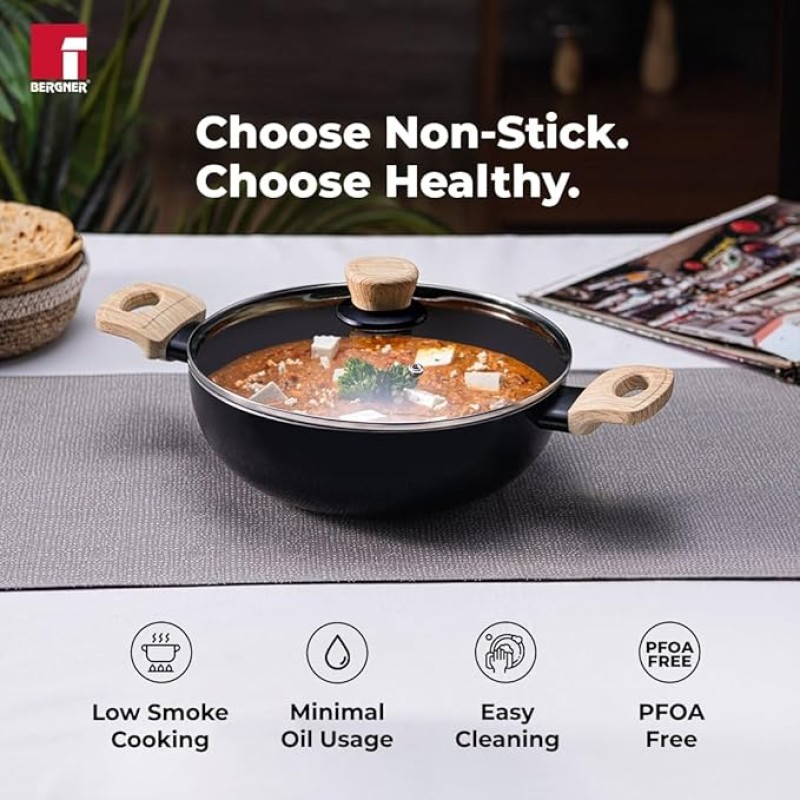 Bergner Bellini Plus Aura 5-Layer Non-Stick 22 cm Kadai with Glass Lid, 2.9 Litres Kadhai with Soft Touch Wooden Finish Handle, 3.2mm Thickness, Induction Bottom and Gas Stove Ready, 1-Year Warranty Bergner Bellini Plus Aura 5-Layer Non-Stick 22 cm Kadai with Glass Lid, 2.9 Litres Kadhai with Soft Touch Wooden Finish Handle, 3.2mm Thickness, Induction Bottom and Gas Stove Ready, 1-Year Warranty