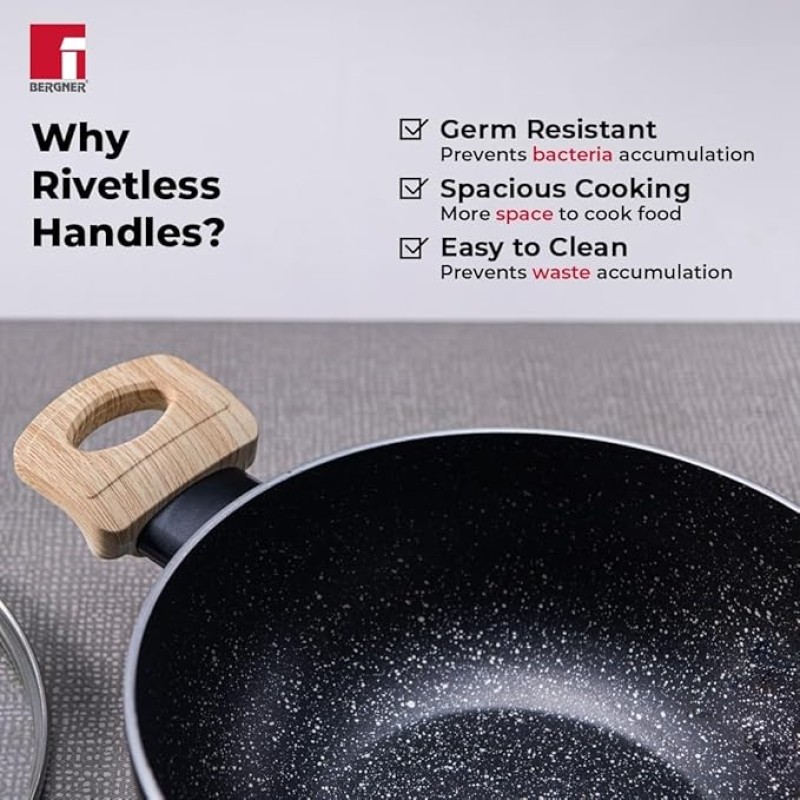 Bergner Bellini Plus Aura 5-Layer Non-Stick 22 cm Kadai with Glass Lid, 2.9 Litres Kadhai with Soft Touch Wooden Finish Handle, 3.2mm Thickness, Induction Bottom and Gas Stove Ready, 1-Year Warranty Bergner Bellini Plus Aura 5-Layer Non-Stick 22 cm Kadai with Glass Lid, 2.9 Litres Kadhai with Soft Touch Wooden Finish Handle, 3.2mm Thickness, Induction Bottom and Gas Stove Ready, 1-Year Warranty