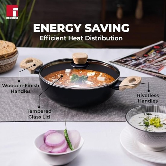 Bergner Bellini Plus Aura 5-Layer Non-Stick 22 cm Kadai with Glass Lid, 2.9 Litres Kadhai with Soft Touch Wooden Finish Handle, 3.2mm Thickness, Induction Bottom and Gas Stove Ready, 1-Year Warranty