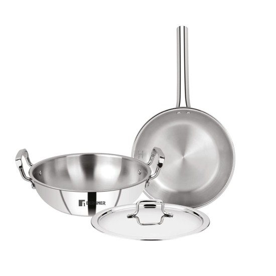 Bergner Tripro Triply Stainless Steel 3 Pc Cookware Set, 24 cm Indian Wok/Kadai with Lid, 22 cm Frypan Without Lid, Fast and Event Heating, Induction Bottom, Gas Ready, Silver