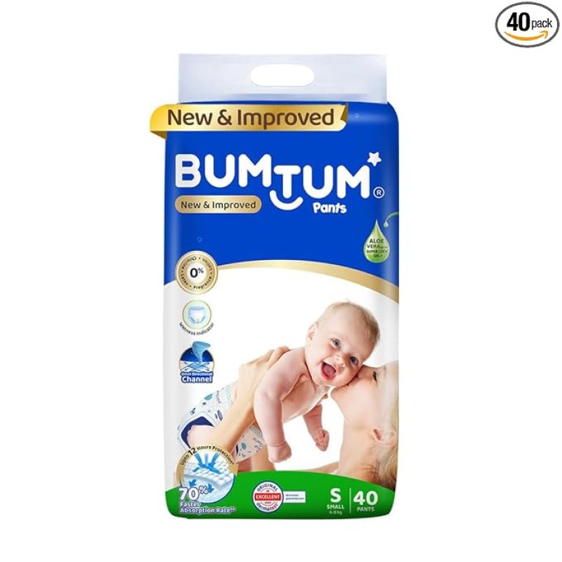 Bumtum Baby Diaper Pants, Small Size 40 Count, Double Layer Leakage Protection Infused With Aloe Vera, Cottony Soft High Absorb Technology Bumtum Baby Diaper Pants, Small Size 40 Count, Double Layer Leakage Protection Infused With Aloe Vera, Cottony Soft High Absorb Technology