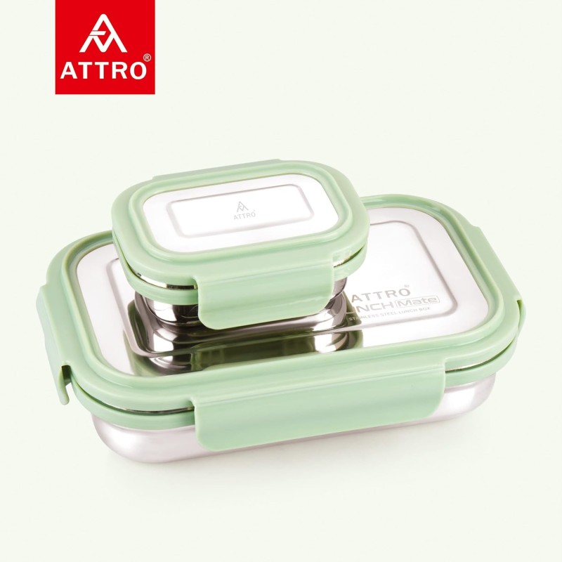 Attro Lunchmate Stainless Steel Airtight Leak-Proof Lunch Box for Office, School, Picnic, 800 Ml - Green Attro Lunchmate Stainless Steel Airtight Leak-Proof Lunch Box for Office, School, Picnic, 800 Ml - Green