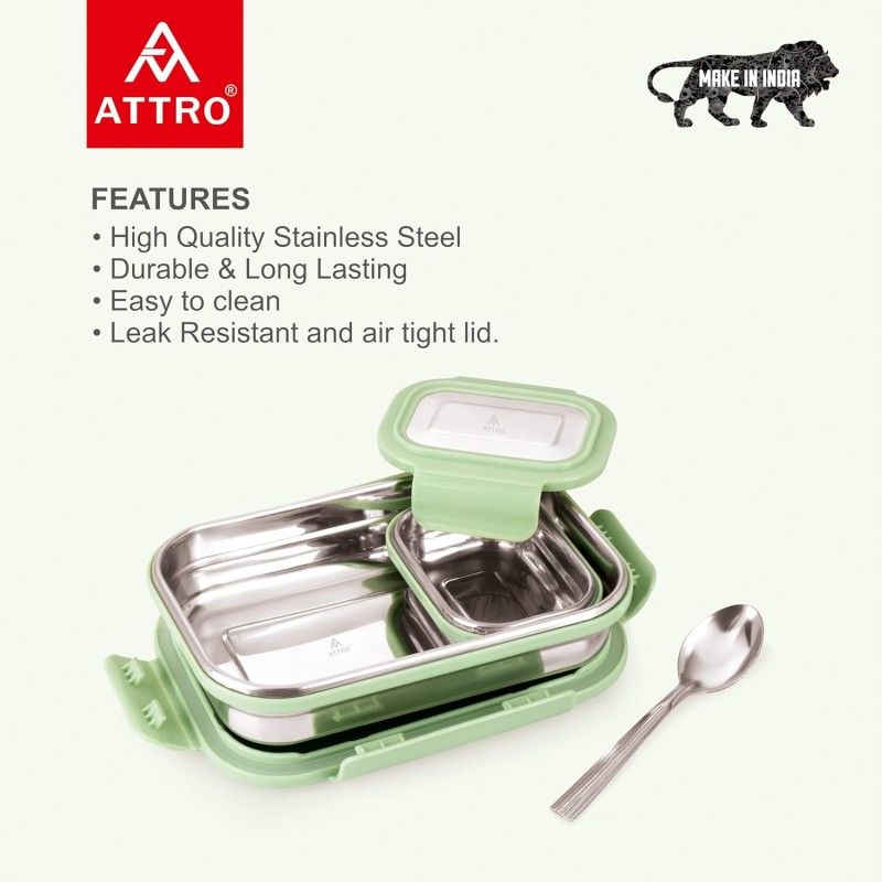 Attro Lunchmate Stainless Steel Airtight Leak-Proof Lunch Box for Office, School, Picnic, 800 Ml - Green Attro Lunchmate Stainless Steel Airtight Leak-Proof Lunch Box for Office, School, Picnic, 800 Ml - Green