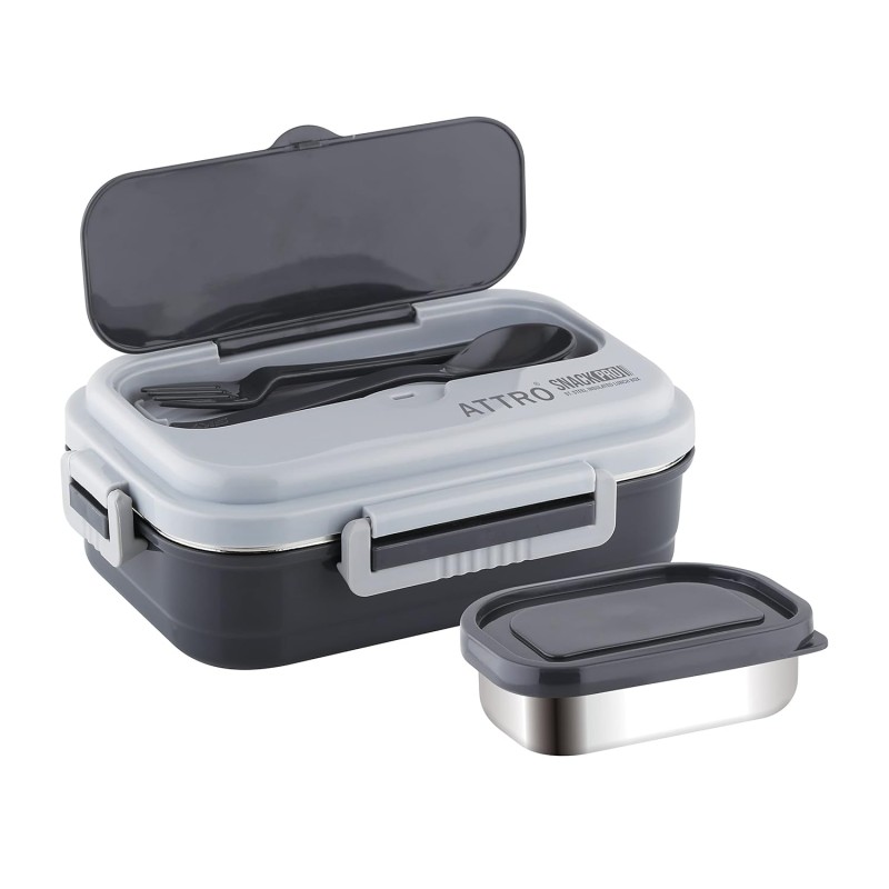 Attro Snackpro Plastic Lunch Box Airtight & Leak Proof Containers with Plastic Fork for Office Use, School, Picnic, 800 Ml - Grey Attro Snackpro Plastic Lunch Box Airtight & Leak Proof Containers with Plastic Fork for Office Use, School, Picnic, 800 Ml - Grey