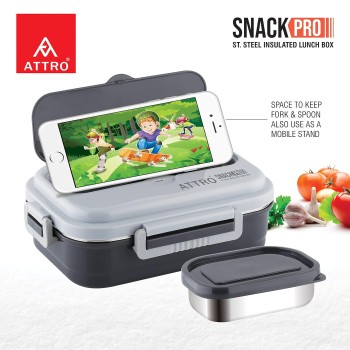 Attro Snackpro Plastic Lunch Box Airtight & Leak Proof Containers with Plastic Fork for Office Use, School, Picnic, 800 Ml - Grey Attro Snackpro Plastic Lunch Box Airtight & Leak Proof Containers with Plastic Fork for Office Use, School, Picnic, 800 Ml - Grey