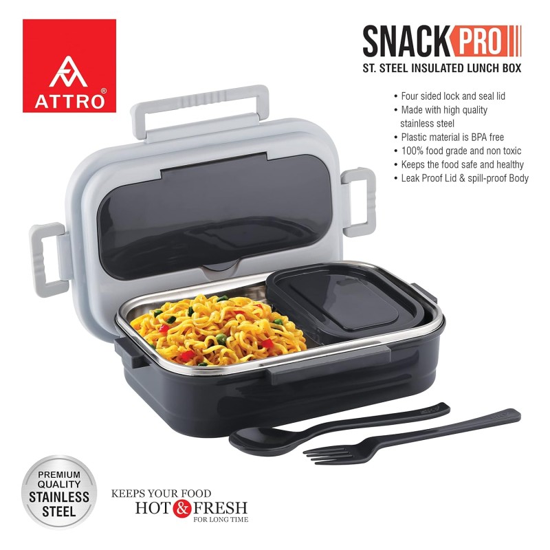 Attro Snackpro Plastic Lunch Box Airtight & Leak Proof Containers with Plastic Fork for Office Use, School, Picnic, 800 Ml - Grey Attro Snackpro Plastic Lunch Box Airtight & Leak Proof Containers with Plastic Fork for Office Use, School, Picnic, 800 Ml - Grey