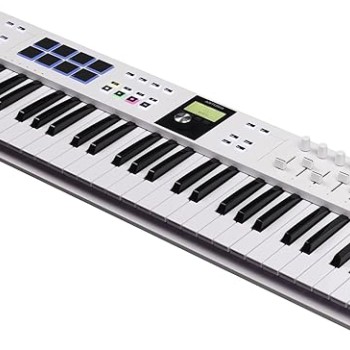Arturia KeyLab Essential 61 mk3 MIDI Controller with 61 Velocity-Sensitive keys, 9 Encoders, 9 Sliders, 8 RGB Pads - USB-C, Midi Out, LCD Screen, Bundled Software and DAW Integration - White