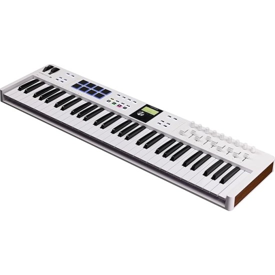 Arturia KeyLab Essential 61 mk3 MIDI Controller with 61 Velocity-Sensitive keys, 9 Encoders, 9 Sliders, 8 RGB Pads - USB-C, Midi Out, LCD Screen, Bundled Software and DAW Integration - White