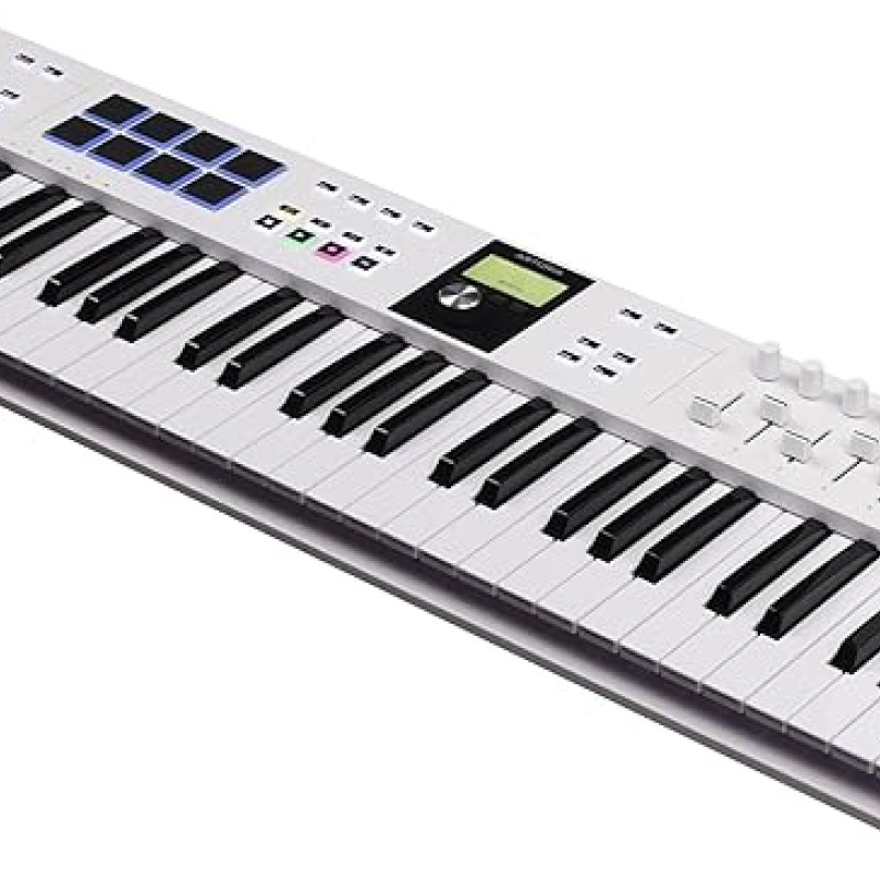 Arturia KeyLab Essential 61 mk3 MIDI Controller with 61 Velocity-Sensitive keys, 9 Encoders, 9 Sliders, 8 RGB Pads - USB-C, Midi Out, LCD Screen, Bundled Software and DAW Integration - White