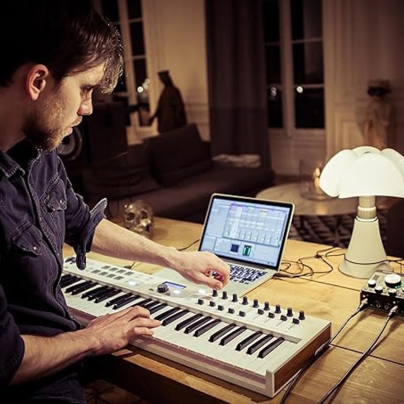 Arturia KeyLab Essential 61 mk3 MIDI Controller with 61 Velocity-Sensitive keys, 9 Encoders, 9 Sliders, 8 RGB Pads - USB-C, Midi Out, LCD Screen, Bundled Software and DAW Integration - White