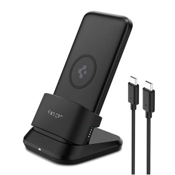 Spigen 3in1 10000mAh Wireless Charging Power Bank with USB-A | USB-C 20W Fast Charging, Included Type C to C Cable, Lithium Polymer - Black