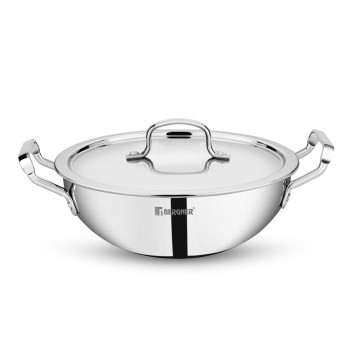 BERGNER Tripro TriPly Stainless Steel 22cm (2.35 L) Deep Kadai/Indian Wok with Lid, Heavy Bottom, Metal Spatual Friendly, Induction Base and Gas Ready 