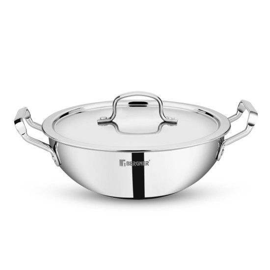 BERGNER Tripro TriPly Stainless Steel 22cm (2.35 L) Deep Kadai/Indian Wok with Lid, Heavy Bottom, Metal Spatual Friendly, Induction Base and Gas Ready 