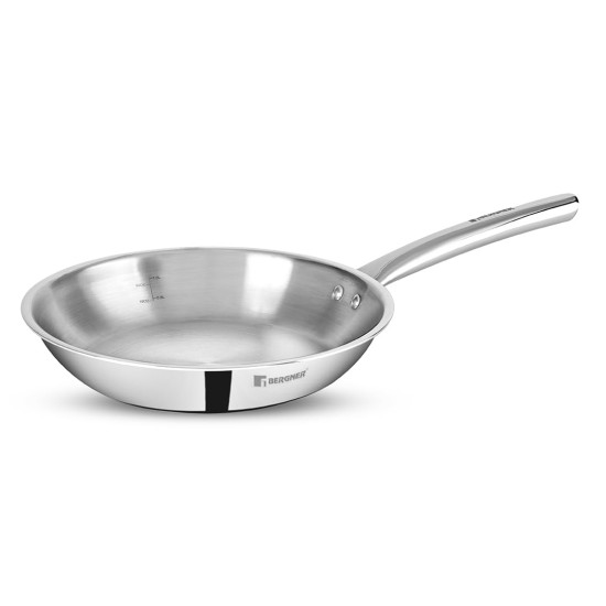 BERGNER Tripro TriPly Stainless Steel 22 cm Frypan/Skillet, 2.1 Litre Frying pan with Heavy Bottom, Metal Spatula Friendly, Induction Bottom and Gas Stove Ready (5-Year Warranty