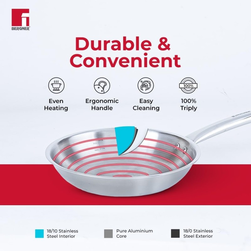 BERGNER Tripro TriPly Stainless Steel 22 cm Frypan/Skillet, 2.1 Litre Frying pan with Heavy Bottom, Metal Spatula Friendly, Induction Bottom and Gas Stove Ready (5-Year Warranty BERGNER Tripro TriPly Stainless Steel 22 cm Frypan/Skillet, 2.1 Litre Frying pan with Heavy Bottom, Metal Spatula Friendly, Induction Bottom and Gas Stove Ready (5-Year Warranty