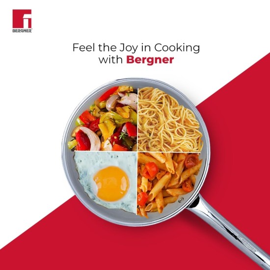 BERGNER Tripro TriPly Stainless Steel 22 cm Frypan/Skillet, 2.1 Litre Frying pan with Heavy Bottom, Metal Spatula Friendly, Induction Bottom and Gas Stove Ready (5-Year Warranty