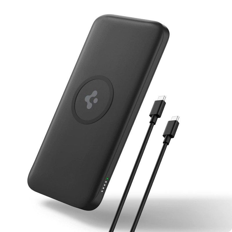 (Refurbished) Spigen 2 in1 10000 mAh Wireless Charging Power Bank with USB-A | USB-C 20W Fast Charging, Included Type-C to C Cable, Lithium Polymer - Black