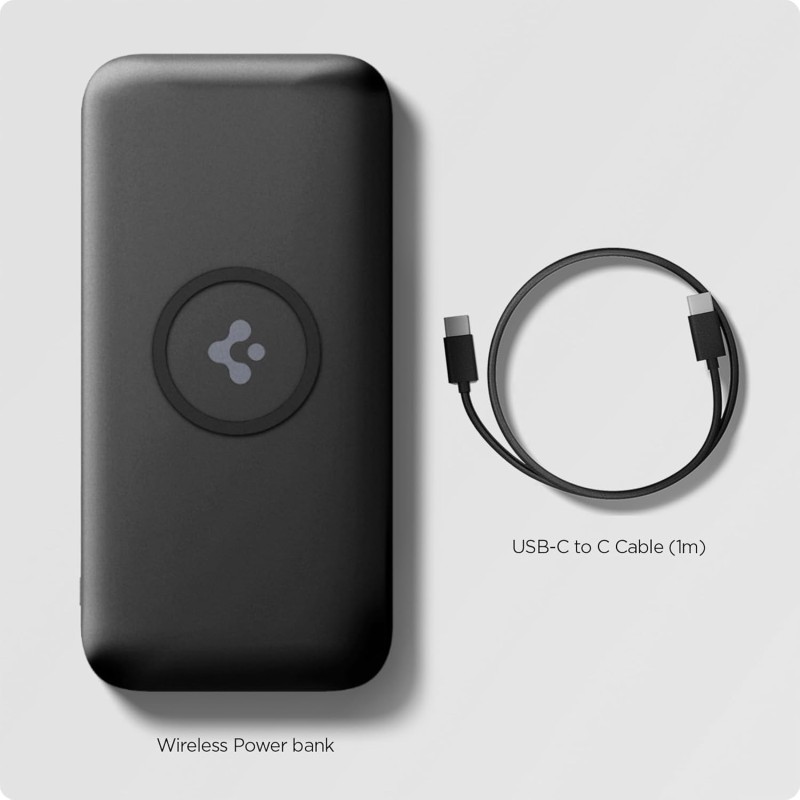 (Refurbished) Spigen 2 in1 10000 mAh Wireless Charging Power Bank with USB-A | USB-C 20W Fast Charging, Included Type-C to C Cable, Lithium Polymer - Black