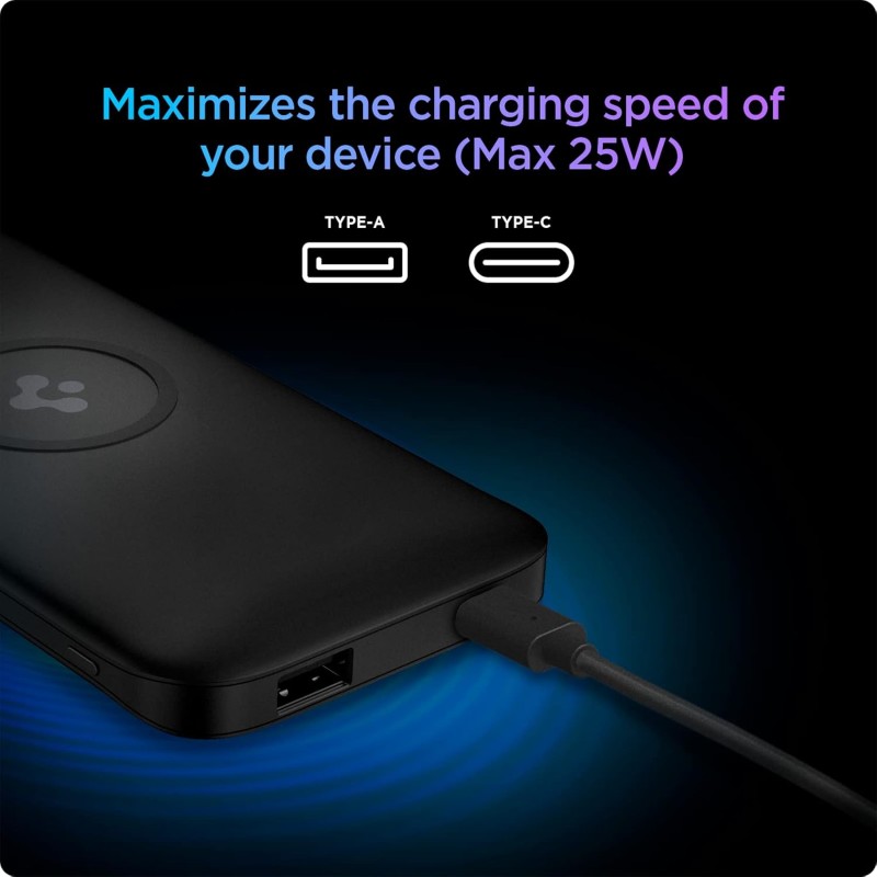 (Refurbished) Spigen 2 in1 10000 mAh Wireless Charging Power Bank with USB-A | USB-C 20W Fast Charging, Included Type-C to C Cable, Lithium Polymer - Black