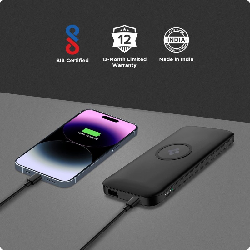 (Refurbished) Spigen 2 in1 10000 mAh Wireless Charging Power Bank with USB-A | USB-C 20W Fast Charging, Included Type-C to C Cable, Lithium Polymer - Black