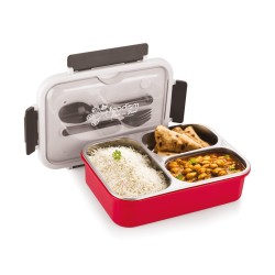 Attro Food Eat 3 Compartment Stainless Steel Lunch Box with Plastic Cutlery Inside, Heating & Water Insulation Design Use for Office, School & Travelling, 750 Ml - Red