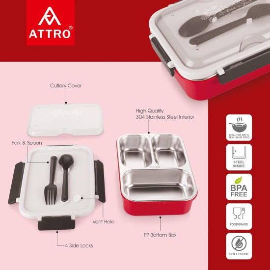 Attro Food Eat 3 Compartment Stainless Steel Lunch Box with Plastic Cutlery Inside, Heating & Water Insulation Design Use for Office, School & Travelling, 750 Ml - Red