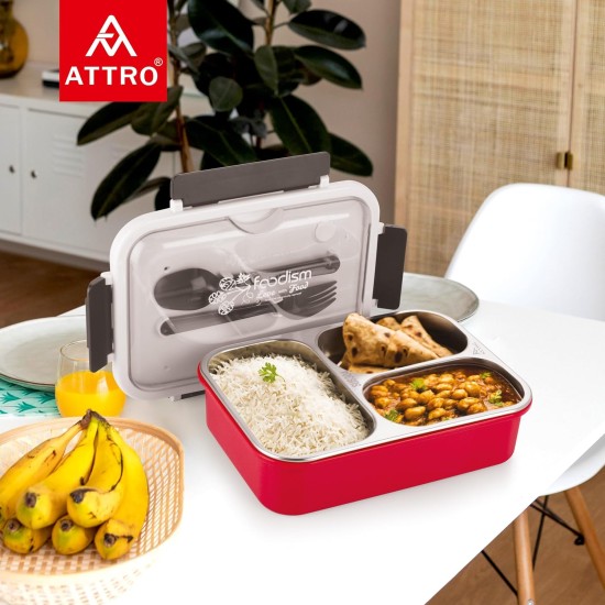 Attro Food Eat 3 Compartment Stainless Steel Lunch Box with Plastic Cutlery Inside, Heating & Water Insulation Design Use for Office, School & Travelling, 750 Ml - Red