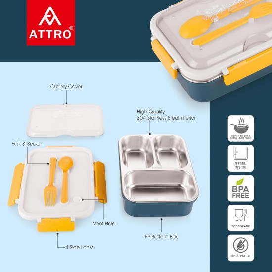 Attro Food Eat 3 Compartment Stainless Steel Lunch Box with Plastic Cutlery Inside, Heating & Water Insulation Design Use for Office, School & Travelling, 750 Ml - Dark Blue