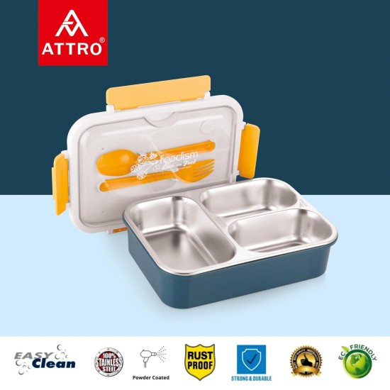 Attro Food Eat 3 Compartment Stainless Steel Lunch Box with Plastic Cutlery Inside, Heating & Water Insulation Design Use for Office, School & Travelling, 750 Ml - Dark Blue