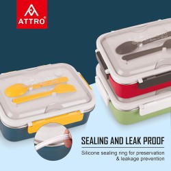 Attro Food Eat 3 Compartment Stainless Steel Lunch Box with Plastic Cutlery Inside, Heating & Water Insulation Design Use for Office, School & Travelling, 750 Ml - Dark Blue