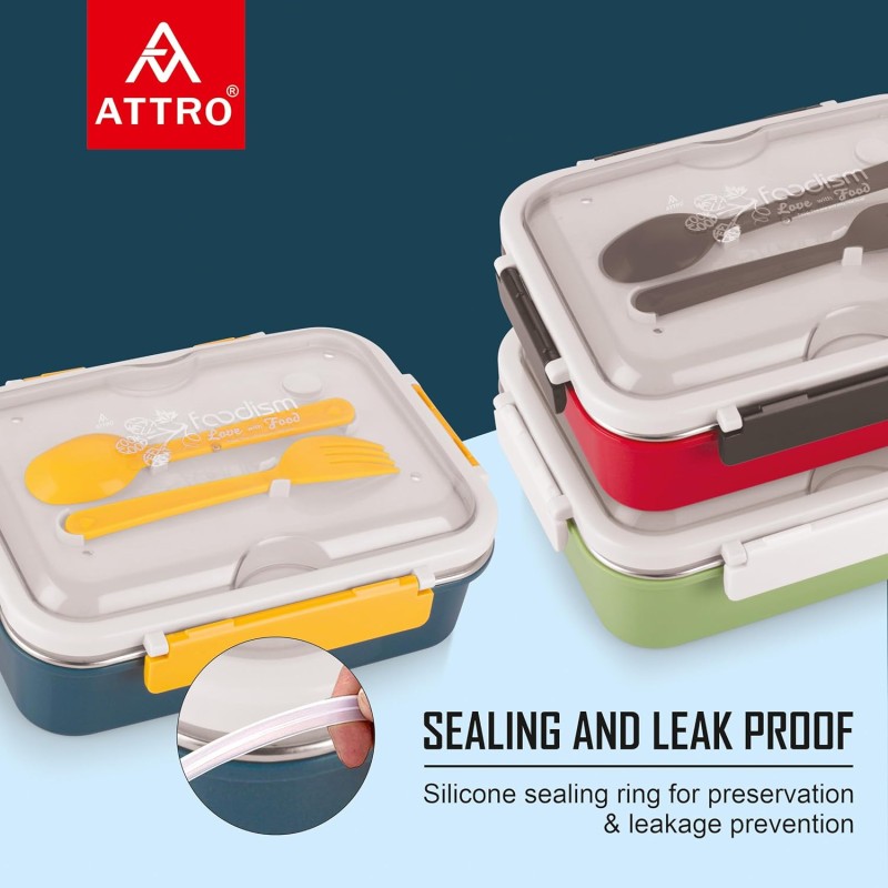 Attro Food Eat 3 Compartment Stainless Steel Lunch Box with Plastic Cutlery Inside, Heating and Water Insulation Design Use for Office, School and Travelling, 750 Ml - Dark Blue