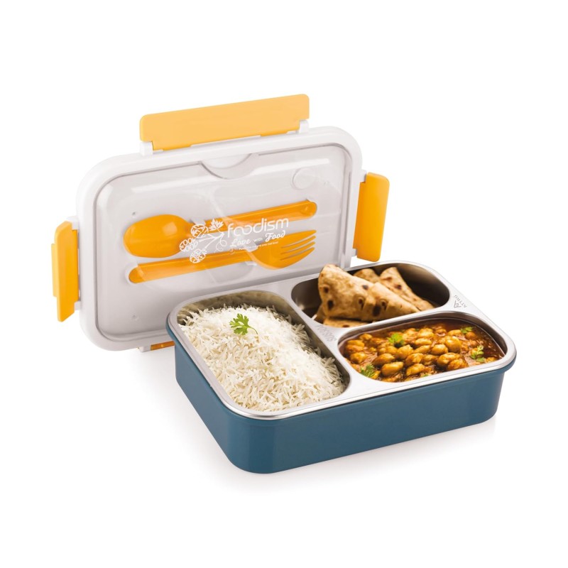 Attro Food Eat 3 Compartment Stainless Steel Lunch Box with Plastic Cutlery Inside, Heating and Water Insulation Design Use for Office, School and Travelling, 750 Ml - Dark Blue