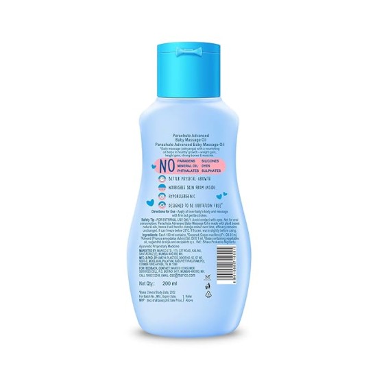 Parachute Advansed Baby Massage Oil for New Born| 100% Virgin Coconut Oil | Clinically Proven for Better Growth| Vitamin E & F| 200 Ml