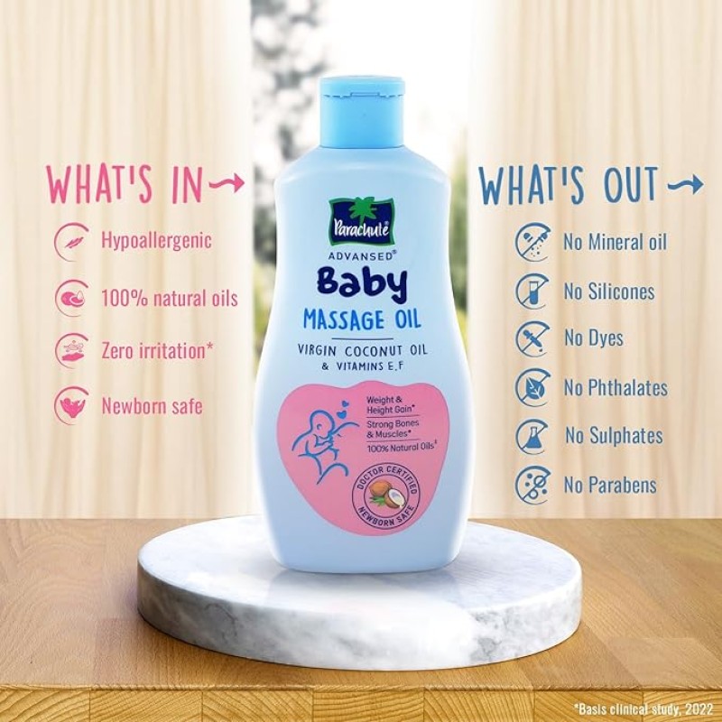 Parachute Advansed Baby Massage Oil for New Born| 100% Virgin Coconut Oil | Clinically Proven for Better Growth| Vitamin E & F| 200 Ml Parachute Advansed Baby Massage Oil for New Born| 100% Virgin Coconut Oil | Clinically Proven for Better Growth| Vitamin E & F| 200 Ml