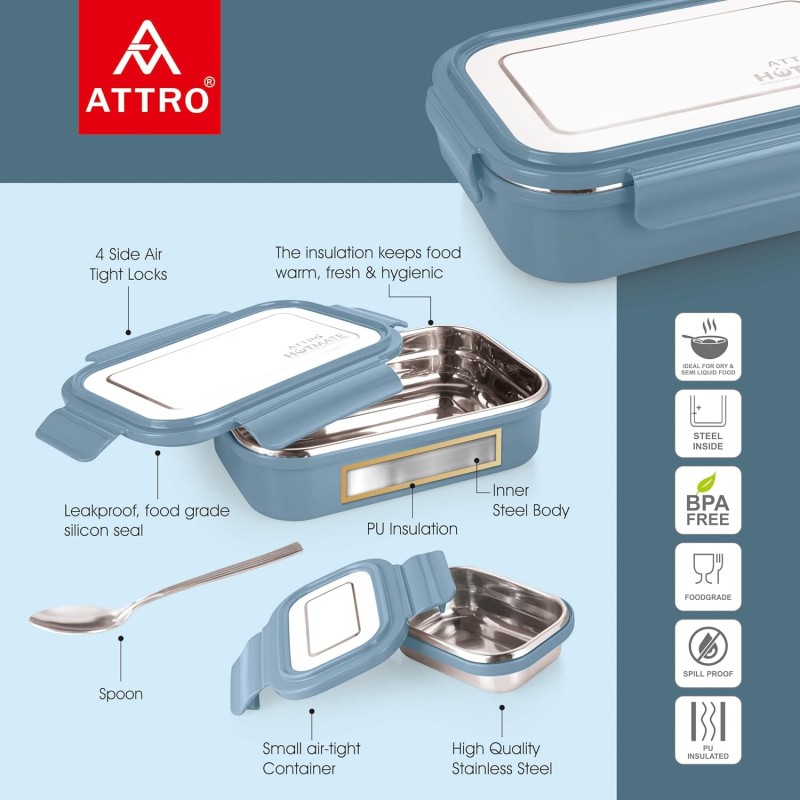 Attro Lunchmate Stainless Steel Insulated Airtight Leak-Proof Lunch Box Unbreakable Lid,Snacks Tiffin for Kids,Light Weight,Easy Clean for Office,School,Picnic&Travelling,800 Ml - Pastel Blue Attro Lunchmate Stainless Steel Insulated Airtight Leak-Proof Lunch Box Unbreakable Lid,Snacks Tiffin for Kids,Light Weight,Easy Clean for Office,School,Picnic&Travelling,800 Ml - Pastel Blue