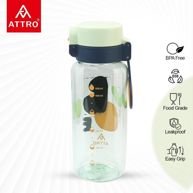 Attro Ben 650Ml Cute And Convenient Cartoon Printed Kids Plastic Water Bottle With Designer Hand Strap and Flip Lid Bpa-Free,Leak-Proof,Easy To Clean-Perfect For School,Sports And Travel,Mint Green