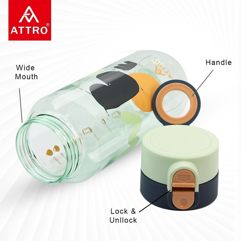 Attro Ben 650Ml Cute And Convenient Cartoon Printed Kids Plastic Water Bottle With Designer Hand Strap and Flip Lid Bpa-Free,Leak-Proof,Easy To Clean-Perfect For School,Sports And Travel,Mint Green