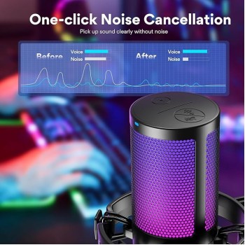 (Refurbished) MAONO RGB Condenser Gaming Mic, USB Podcast Microphone with Active Noise Cancellation, Mic Gain, 1-Click Mute, Adjustable RGB Light for YouTube Recording, PC, Laptop (DGM20-Black)