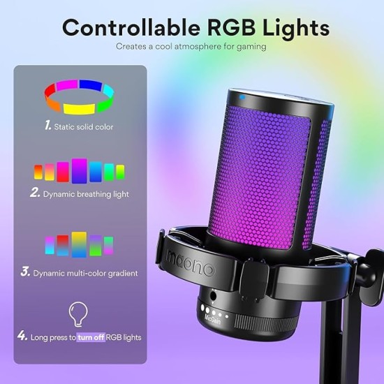 MAONO RGB Condenser Gaming Mic, USB Podcast Microphone with Active Noise Cancellation, Mic Gain, 1-Click Mute, Adjustable RGB Light for YouTube Recording, PC, Laptop (DGM20-Black)