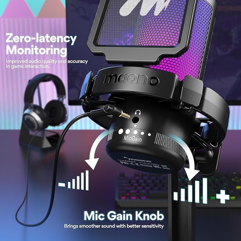 MAONO RGB Condenser Gaming Mic, USB Podcast Microphone with Active Noise Cancellation, Mic Gain, 1-Click Mute, Adjustable RGB Light for YouTube Recording, PC, Laptop (DGM20-Black) MAONO RGB Condenser Gaming Mic, USB Podcast Microphone with Active Noise Cancellation, Mic Gain, 1-Click Mute, Adjustable RGB Light for YouTube Recording, PC, Laptop (DGM20-Black)