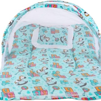 Bumtum Baby Horse Mosquito Net & Neck Throw Pillow, Baby Gadda Set for New Born, 0-6 Month, Printed Baby Bedding, Baby Sleeping Bed of 71Cm X 47Cm X 5Cm, Sky Blue, Cotton, Free Size
